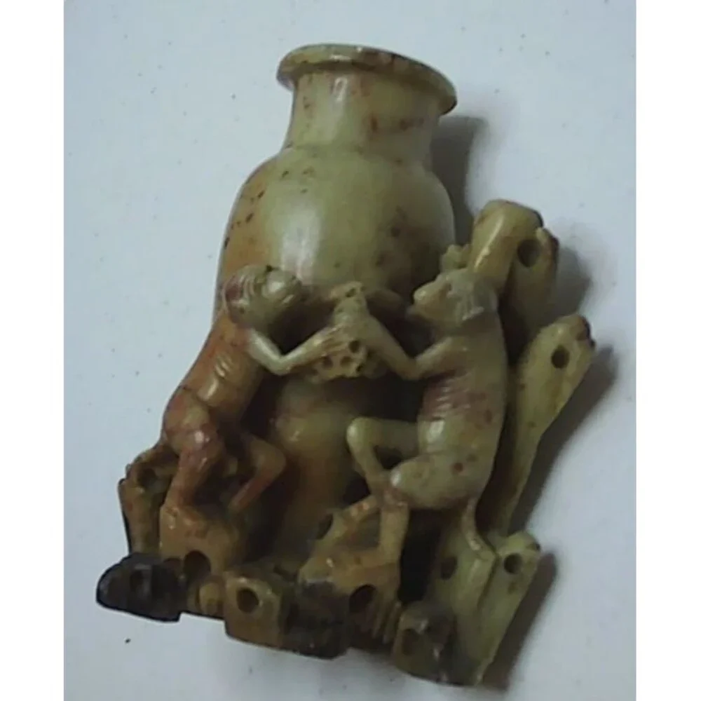 Vintage Asian China Hand Carved Two Monkeys Soapstone Vase Holder  5.5